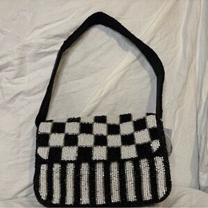 VIRAL Checkered and Striped Black and White Beaded Shoulder Bag